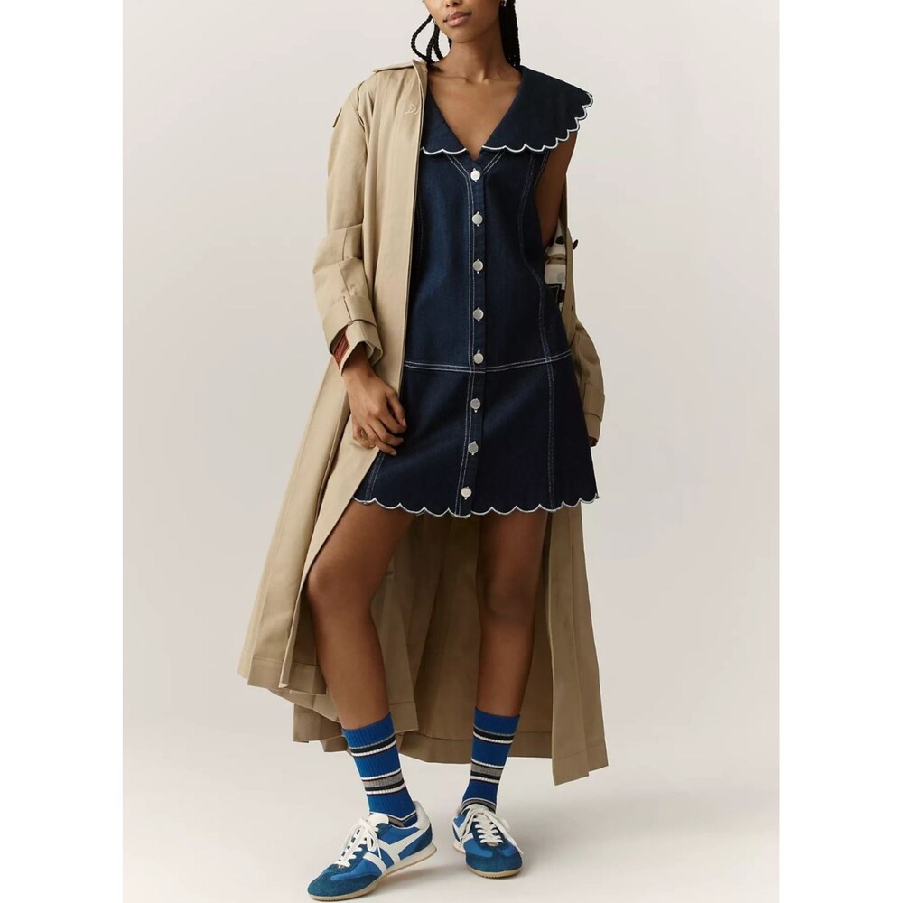 Anthropologie Pilcro Scalloped Denim Buttondown Dress Sleeveless Navy MP 288613 - Picture 2 of 10
